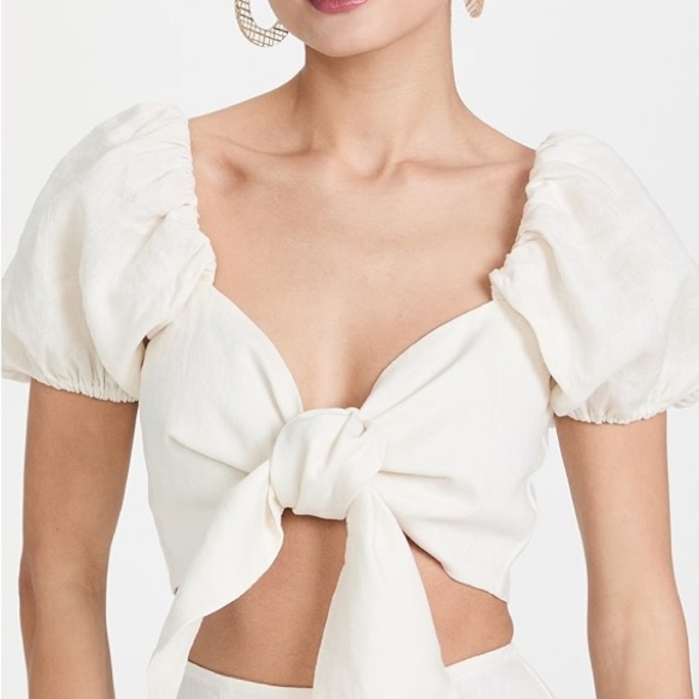 Faithfull The Brand Eva Linen Front Tie Puff Sleeve Crop Top White